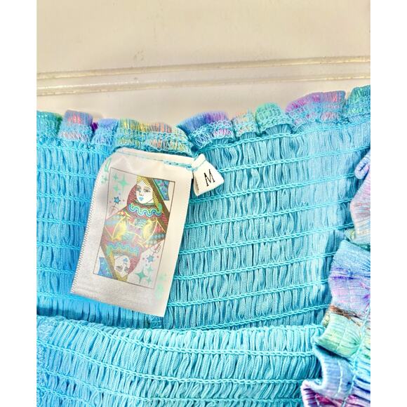 QUEEN OF SPARKLES BLUE IRIDESCENT RAINBOW SHORTS SIZE MEDIUM - Picture 2 of 3